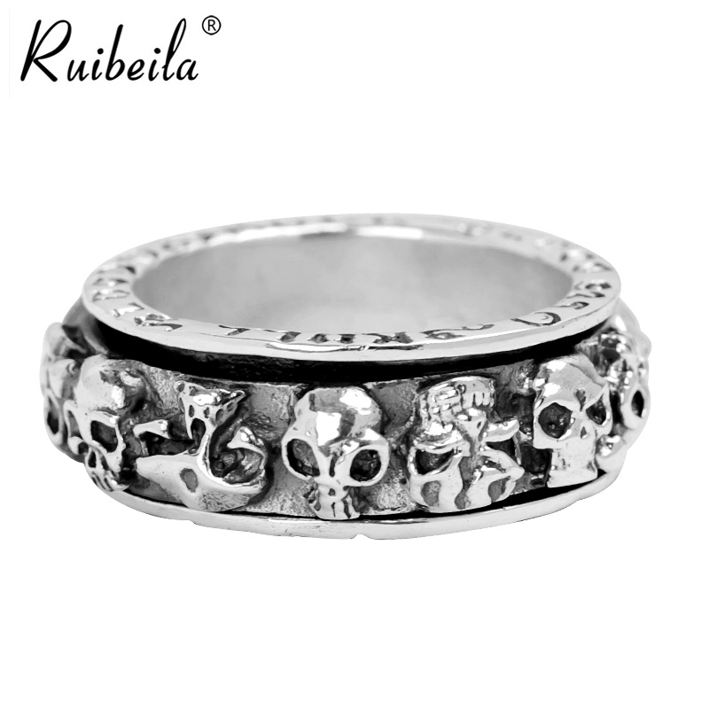 ruibeila925 silver European and American punk skull ghost head ring men's Thai silver lettering ring can be rotated