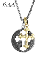 ruibeila double cross necklace mens net red retro 925 Thai silver hip hop round card pendant trend