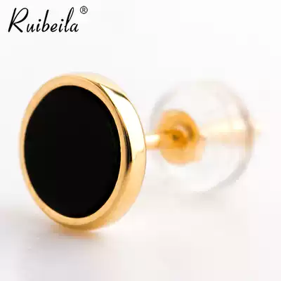ruibeila18K Gold Gold Gold Men's Earrings Single Tide Men Black Agate Earrings Black Earrings Black Earrings Screw
