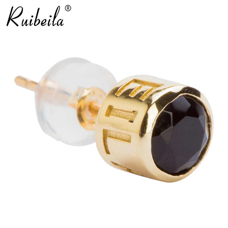 ruibeila18k yellow gold black agate simple round stud earrings men's earrings fashion single trend