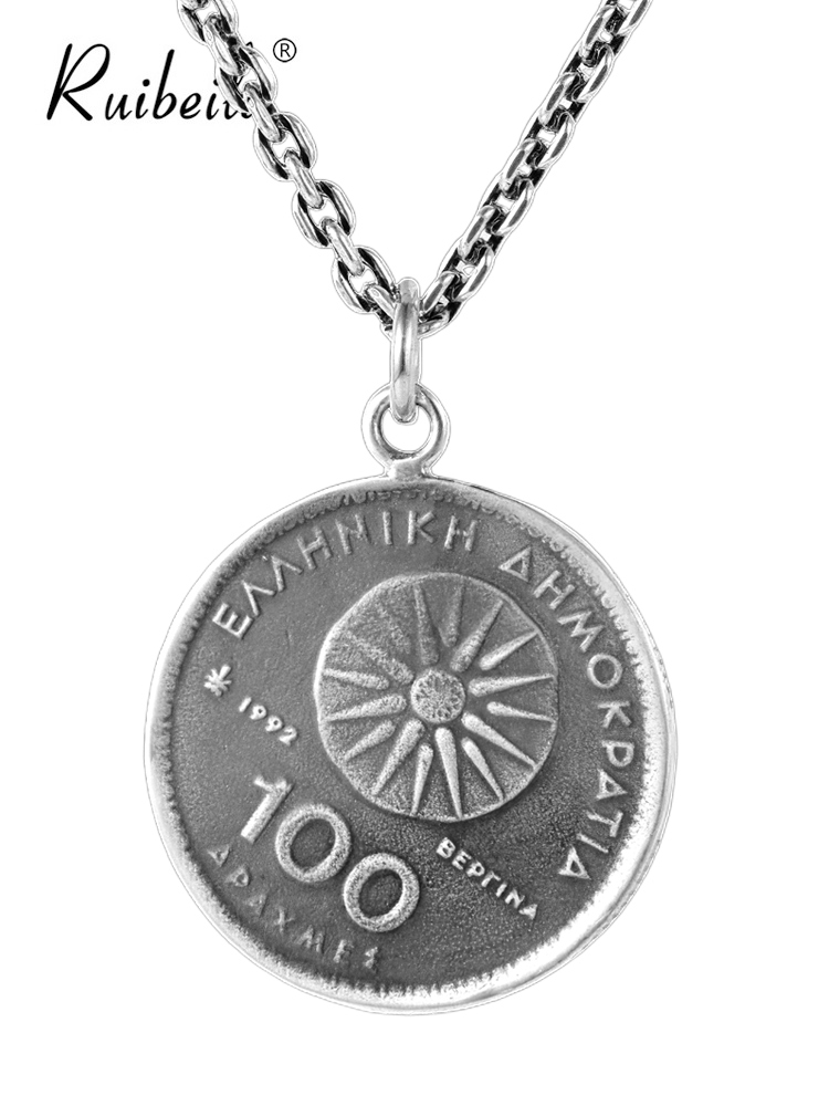 Ruibeila 925 Silver Greek Coin Reprint Pendant Men's European and American Trend Coin Necklace Sweater Chain