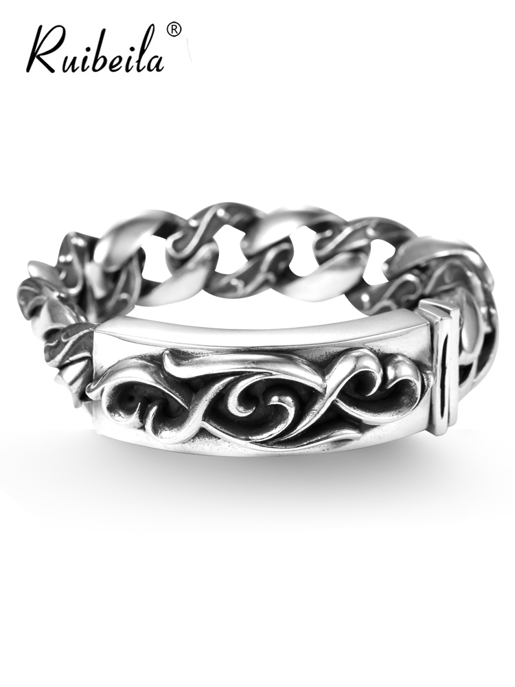 ruibeila 925 silver retro Tang straw wide - face heavy bracelet men and American and European tide men are old hegemonic bracelet