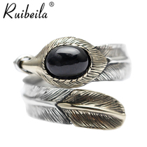 ruibeila925 silver European and American black agate feather opening ring men and women retro Thai silver gem food ring