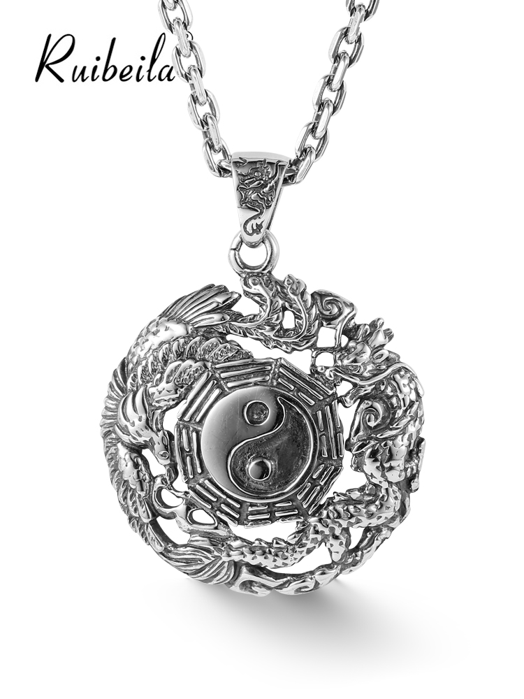 ruibeila925 silver comeback ancient Longfeng Fengxiang gossip pendant men's Chinese wind hollowed-out to make old necklace boomers