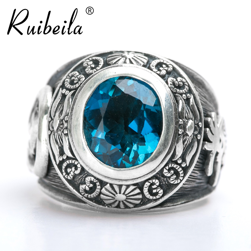 ruibeila925 Silver Handmade Blue Gem of Pashite Withdrawal Face Big Men Retro Thai Silver Ring COOL
