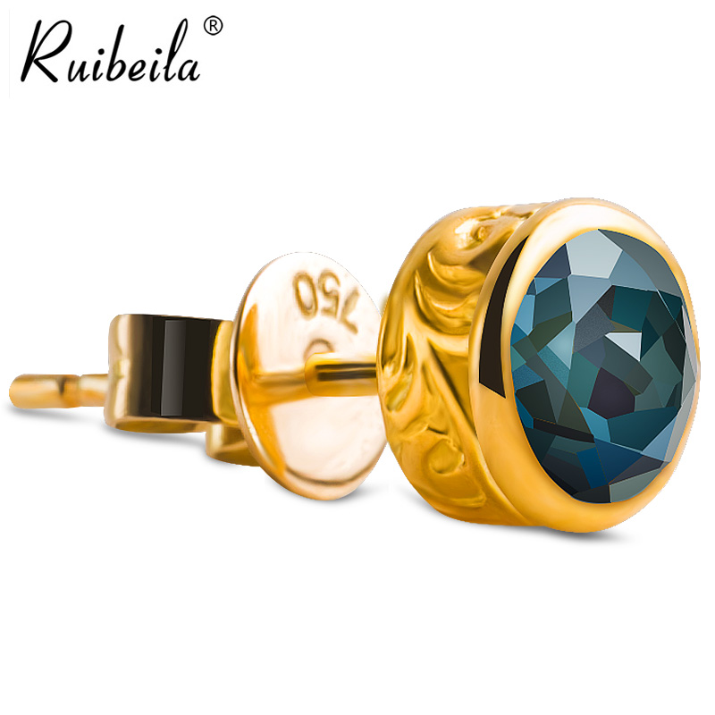 ruibeilaG18K gold gemstone small ear needle for men and women trendy men's blue topaz small round single
