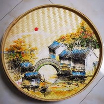 Bamboo sieve round dustpan painting bamboo flat sieve bamboo round pendant hot pot restaurant restaurant wall decoration landscape decoration