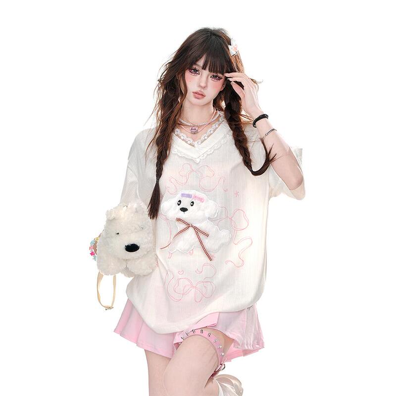 Kellykitty Sweet Little Dog Slightly See-Through V-Neck Lace Short-Sleeved T-Shirt for Women in Summer Loose Slimming Look Sweet Top