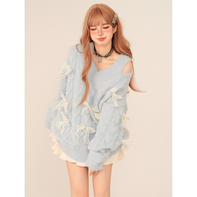 Kellykitty Sea Salt Cake Light Blue Off-Shoulder V-Neck Long-Sleeved Sweater Winter Loose Pullover Knitwear for Women