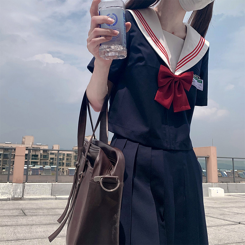 Less eyes: thick cyan red three JK sailor suit uniform skirt short sleeve uniform academic style suit full set