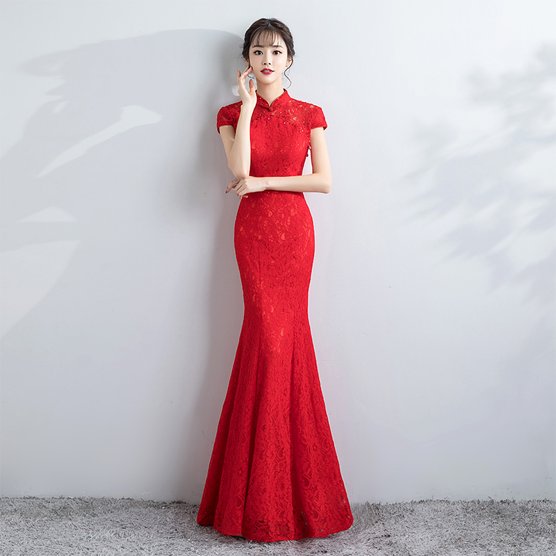 Summer wedding dress for bride, red long evening dress, lace cheongsam, 2021 collection