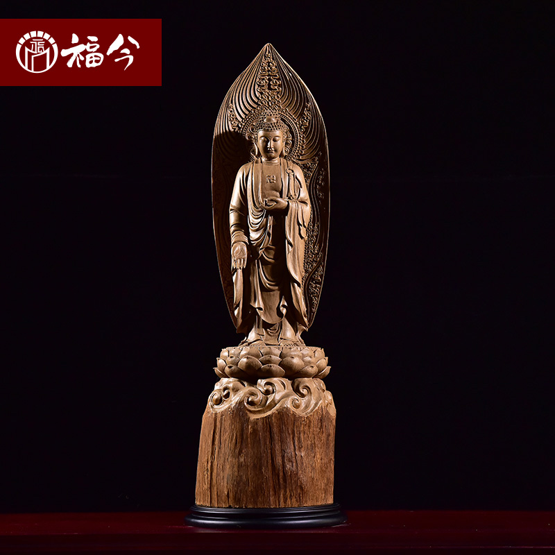 Sunken Fragrant Wood Sculpture Application of Guanyin Buddhist Craftsmanship Gifts Pendulum to Worship Buddha Statue of Pau Ping An statue of the Buddha is standing like a Buddha pendulum.