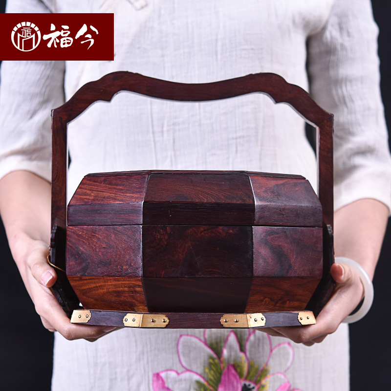 Mahogany big red acid branch portable box Ancient retro food box Chinese wedding basket Wooden lunch box Antique snack basket