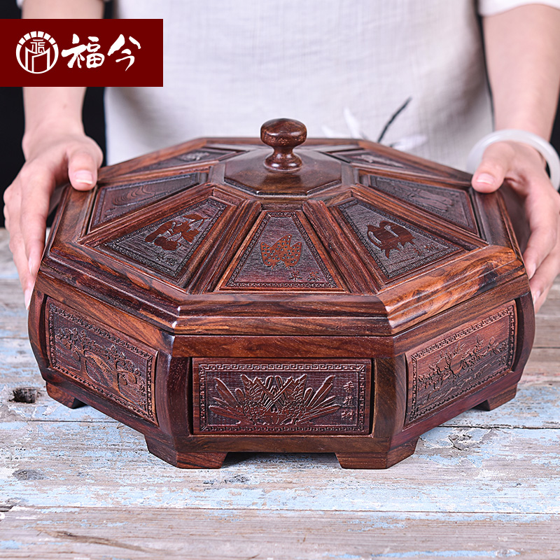 Big red acid stick candy box mahogany dried fruit plate Chinese-style retro solid wood fruit plate snack fruit plate five-part with lid