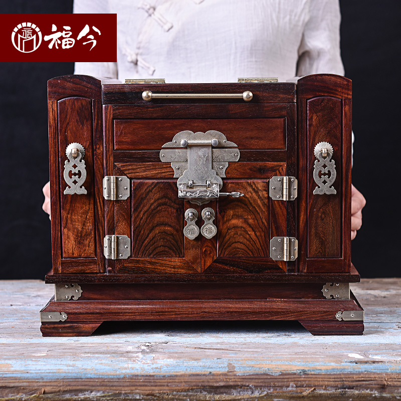 Chinese style large red and sour branches wood dressing case solid wood Jewelry Official Leather Case Retro China Wind Dowry Jewelry Box Ancient Wind