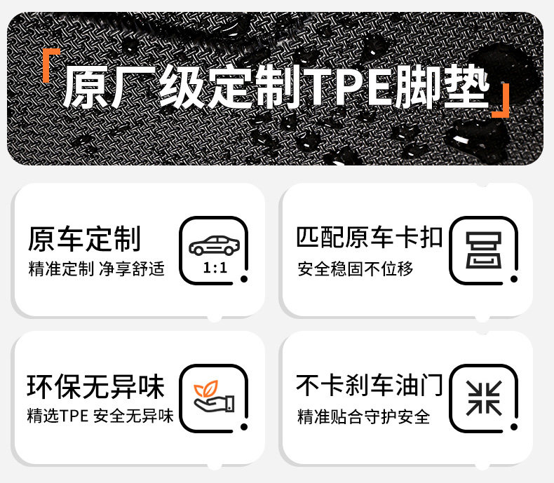 TPE car floor mats are specifically designed for each vehicle, fully encircling the interior, made in one piece, anti-dirt, anti-slip, and easy to maintain