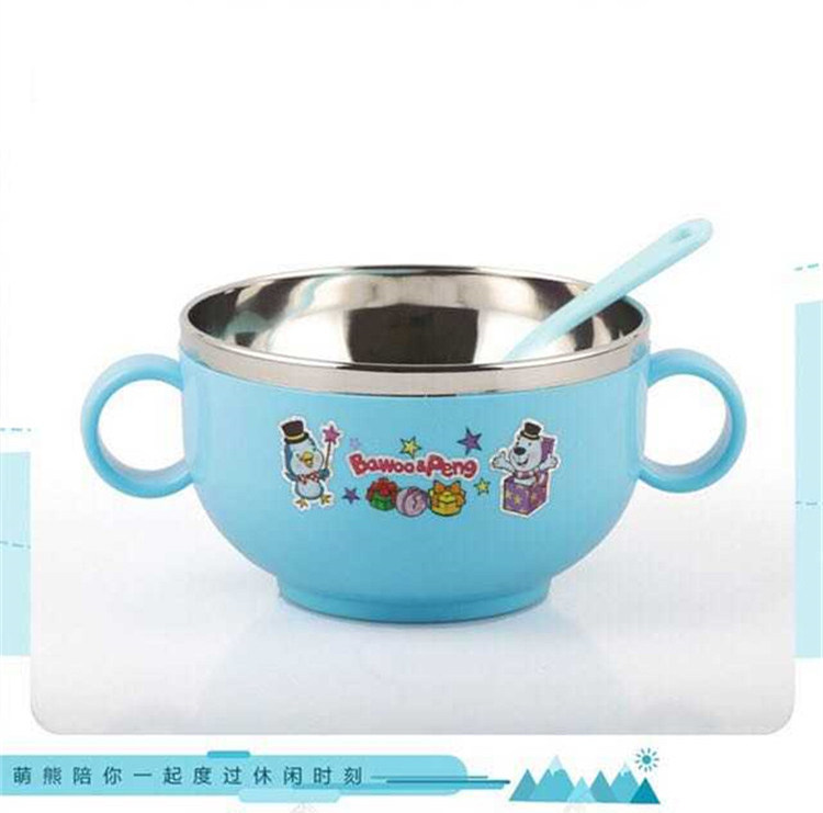 Bo view baby 304 stainless steel tableware children iron bowl against falling eat rice bowl with cover ears handle pupil