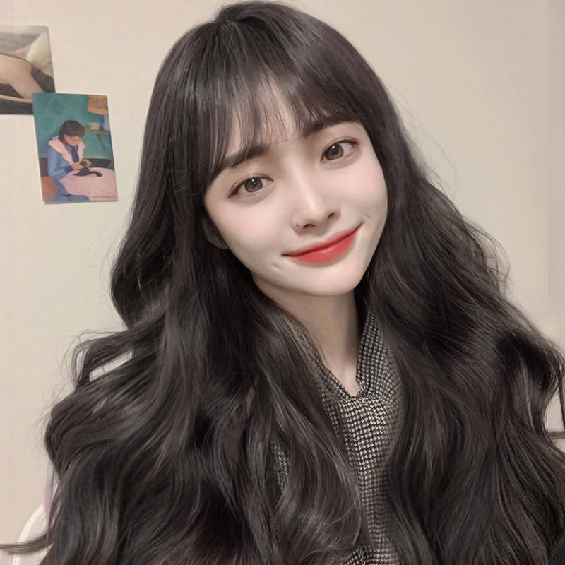 Wig woman long hair long curly hair net red air Liuhai Korean style hairstyle large wave fluffy face natural full headgear
