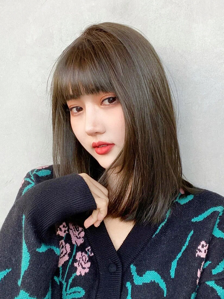 Wig women's long hair natural full headgear net red collarbone hair shape round face short hair simulation human hair wig set