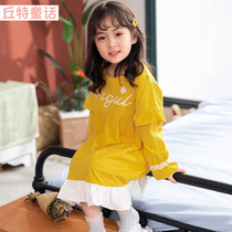 Girls Spring and Autumn Cotton Pajamas Spring Childrens Home Clothes Western Skirt Cute Little Girl Baby Long Sleeved Nightdress