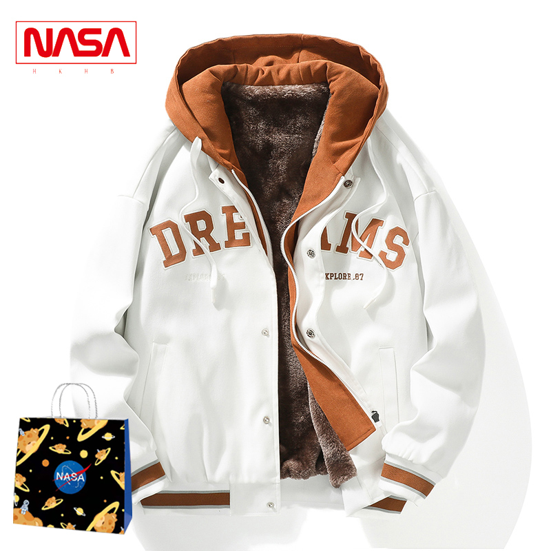 Nasa's New 2023 Spring, Autumn, and Winter Men's Baseball Jacket, Student Fake Two-Piece Jacket, Casual Fleece-Lined Cotton Coat