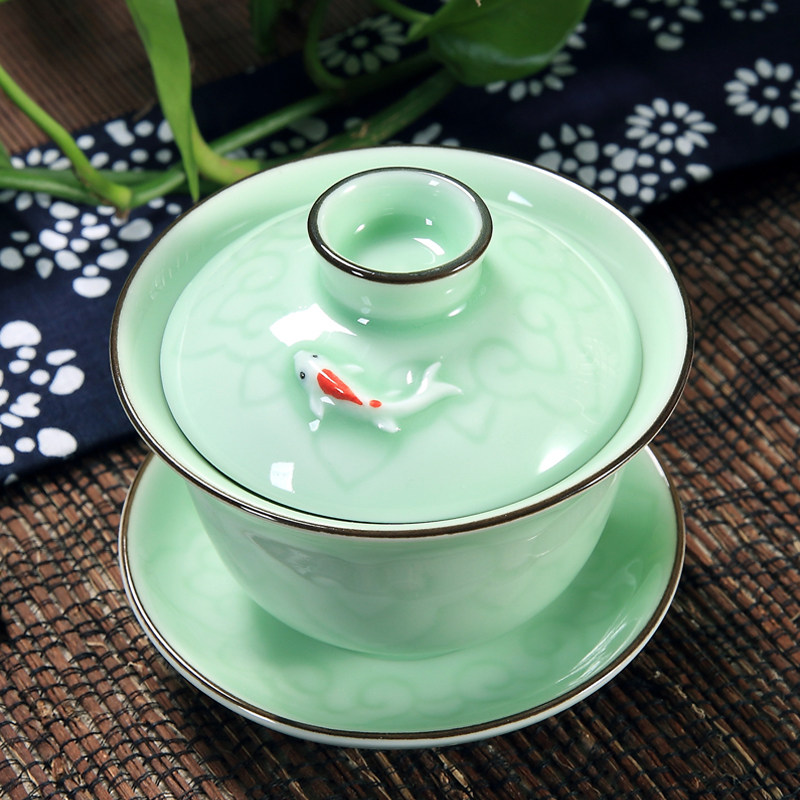 Longquan ceramic celadon kung fu tea set cover bowl tea cup household ceramic tea cup three talents cup small tea bowl trumpet