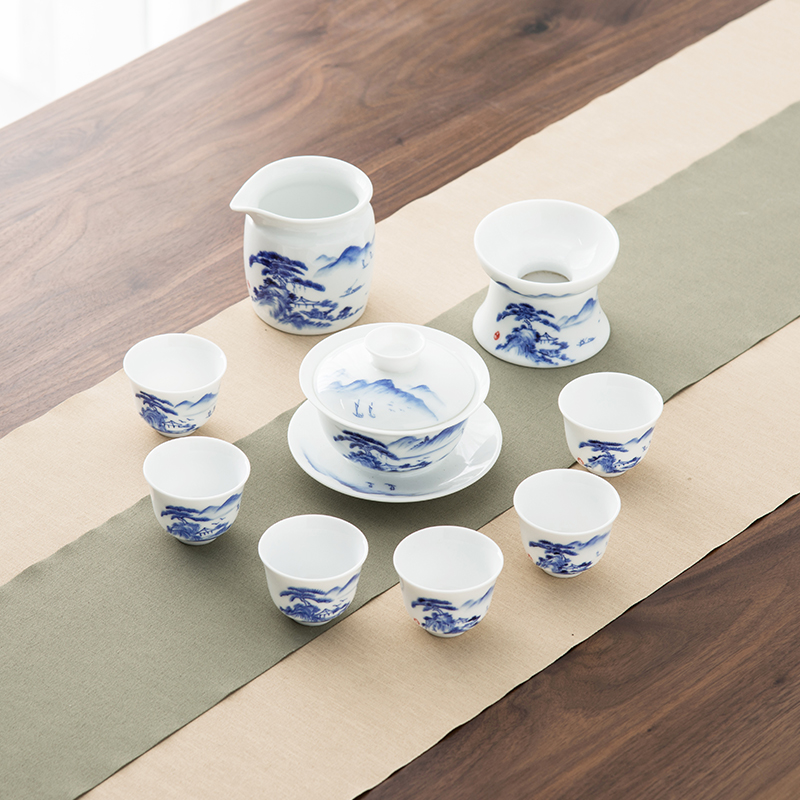 Qiu time Chinese jade porcelain landscape kung fu tea set household ceramic teapot tea cups of a complete set of gift set