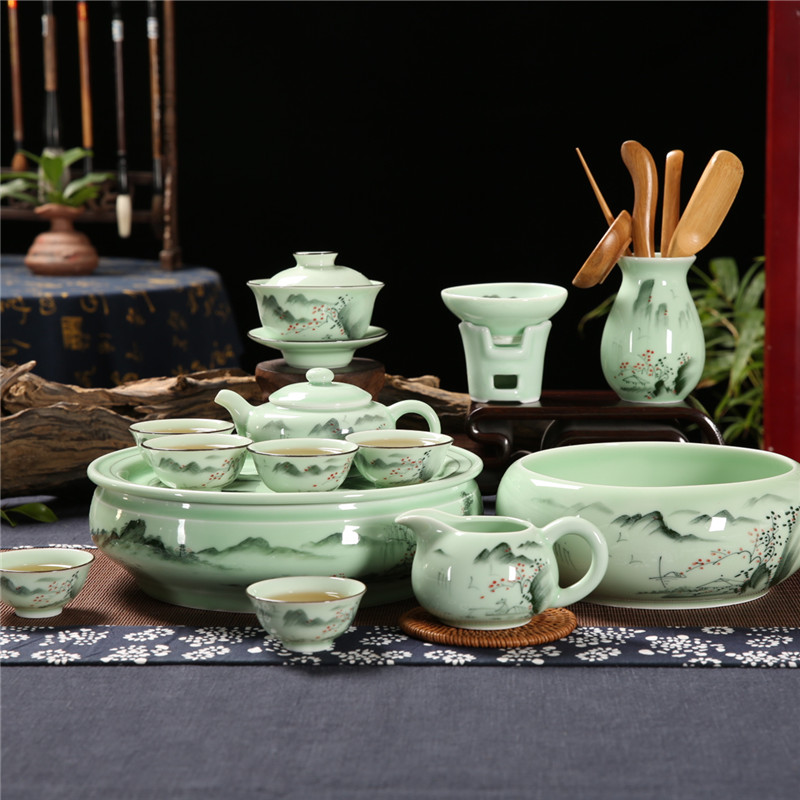 Qiu time household celadon hand - made chaoshan kungfu tea sets tea cup teapot composite ceramic water small tea tray