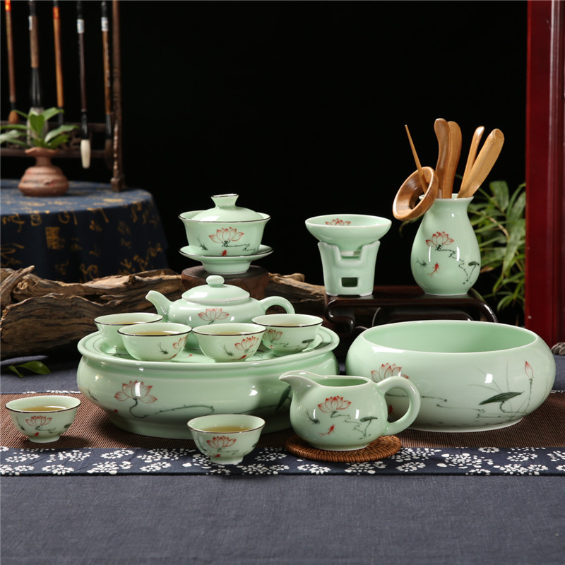 Qiu time household celadon hand - made chaoshan kungfu tea sets tea cup teapot composite ceramic water small tea tray