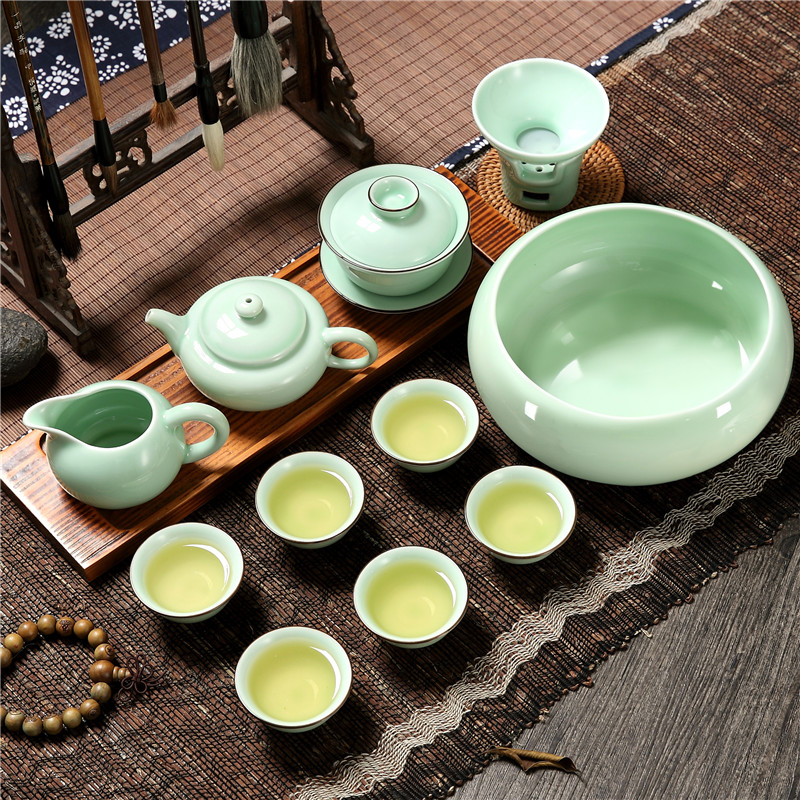 Household longquan celadon carp fish ceramic kunfu tea tea set the teapot tea cups with Chinese style