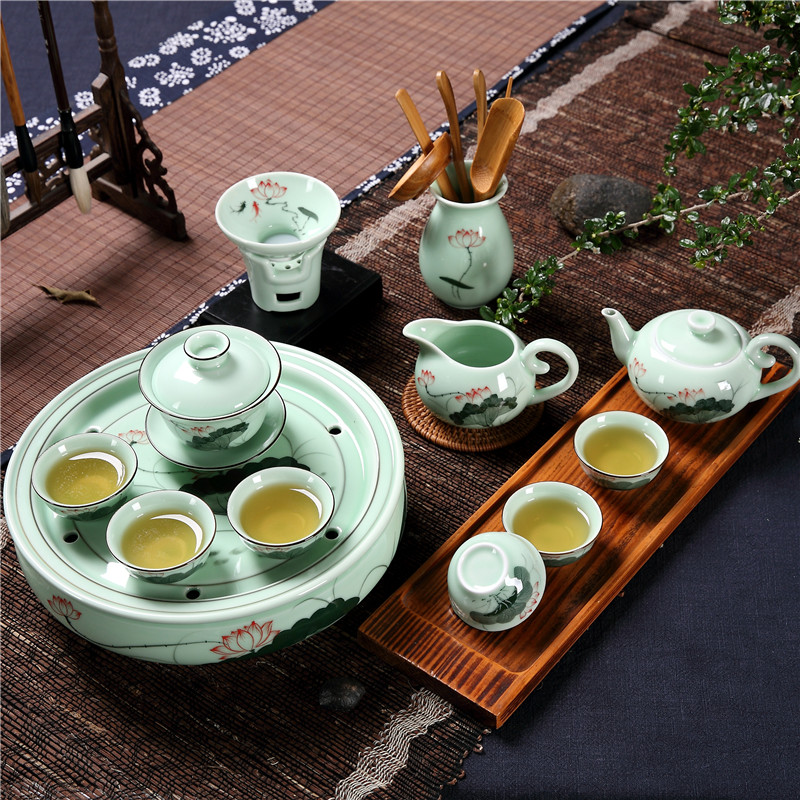 Qiu time household celadon hand - made chaoshan kungfu tea sets tea cup teapot ceramic circle water storage of a complete set of ground