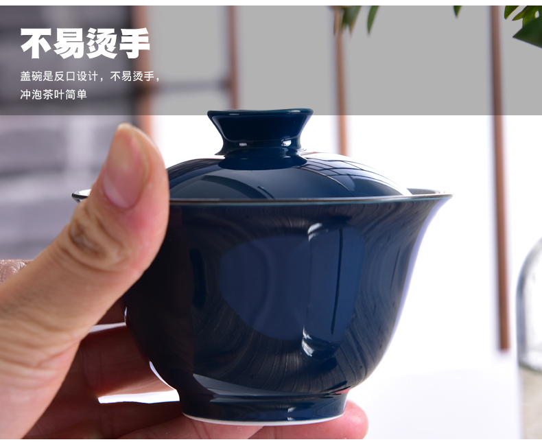 Lễ hội gốm Indigo Vẽ tay Kung Fu Cover Bowl Tea Cup Tea Set Tea Big Tea Bowl Lớn Ba Cup Jingdezhen Cổ đại ly thủy tinh uống trà