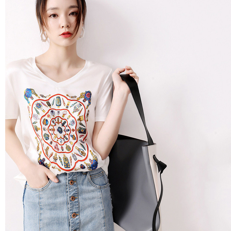 Japanese women's clothing summer new front piece with silk color sense retro silk scarf printed V-neck TEET shirt