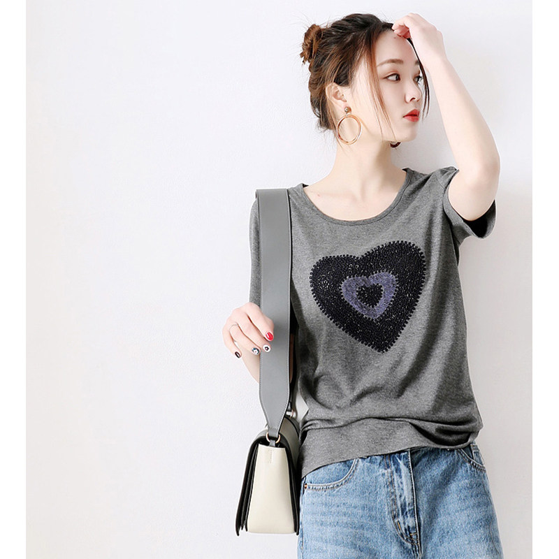 Day Ensemble High Order Fashion 100 Hitch Comfort Girl Wind Glitter Weave Sequin Design Loving Pattern T-Shirt Woman
