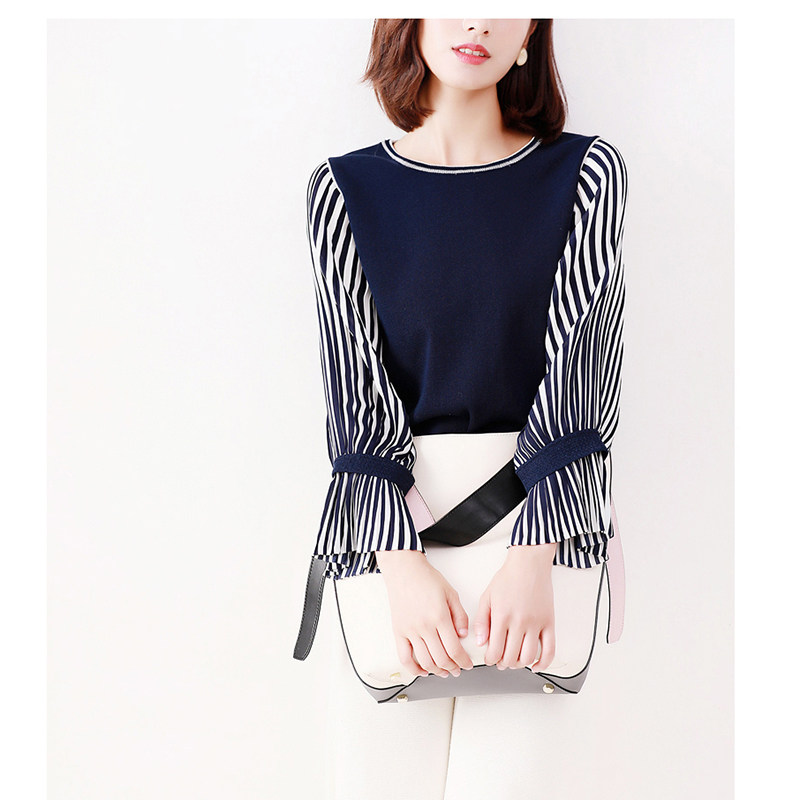 Day Department Fall New Pinot Collider Collision Color Loincloth Organ sleeves Splicing Soft and Thin Knitted Blouse with Lean Knit Blouse