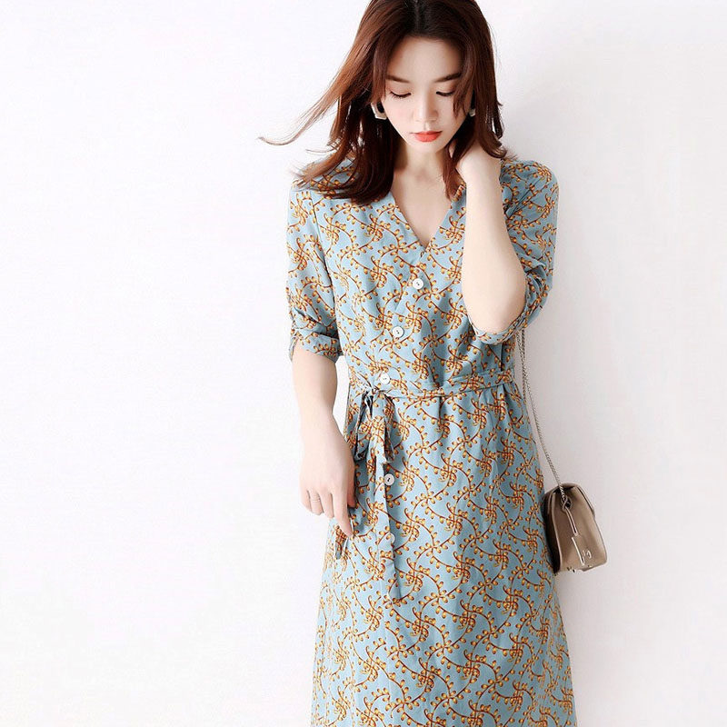 Day Ensemble Women's Summer New Minimalist Atmosphere Fresh And Broken Flowers Cross V Collar Printed Tea Hysteria Dress