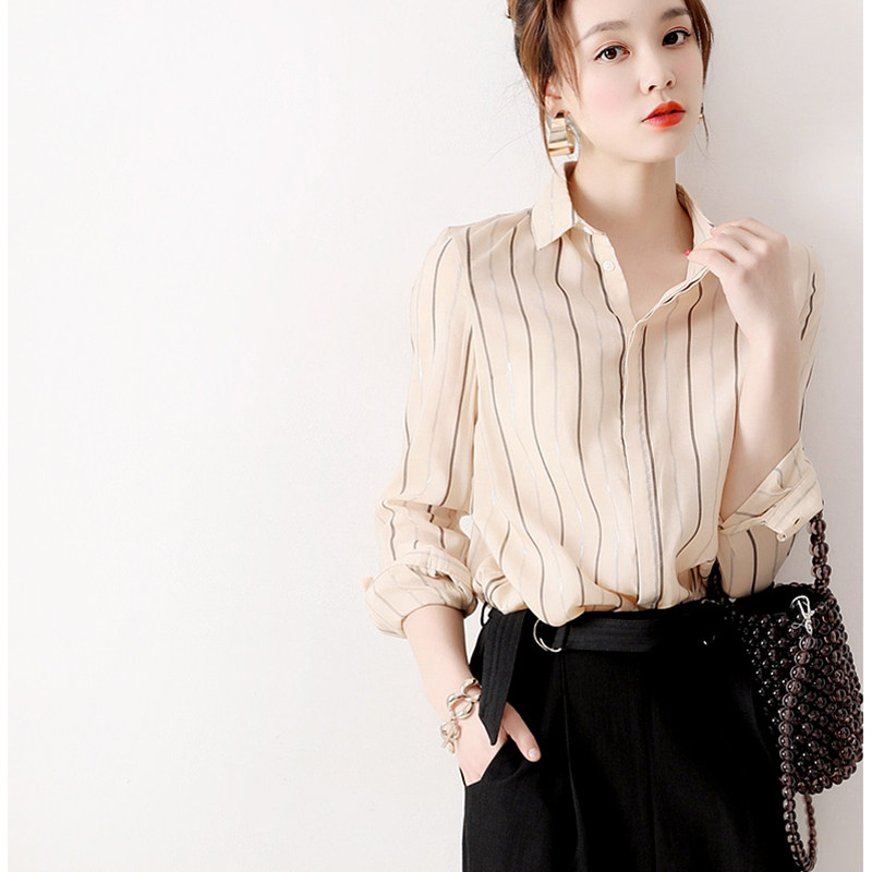 Japanese women's professional ol high-end beige customer for silver vertical stripes lapel long-sleeved small loose thin shirt