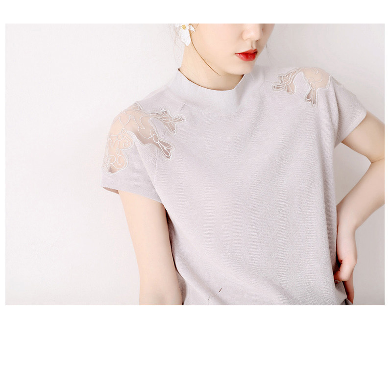 Textured smooth texture fine and breathable cool shoulder embroidery jacquard 10% sleeves needle weaseled short sleeve t-shirt blouse