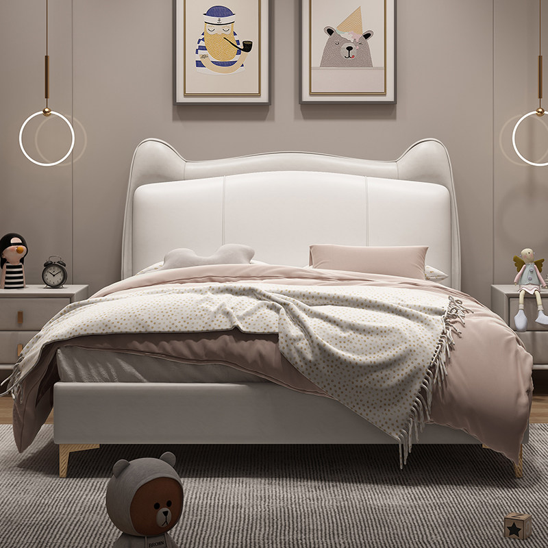 Light Extravagant Girl Genuine Leather Bed Child Bed Girl Princess Bed Brief Teenage Girl Single Bed Net Red Solid Wood Boy Bed