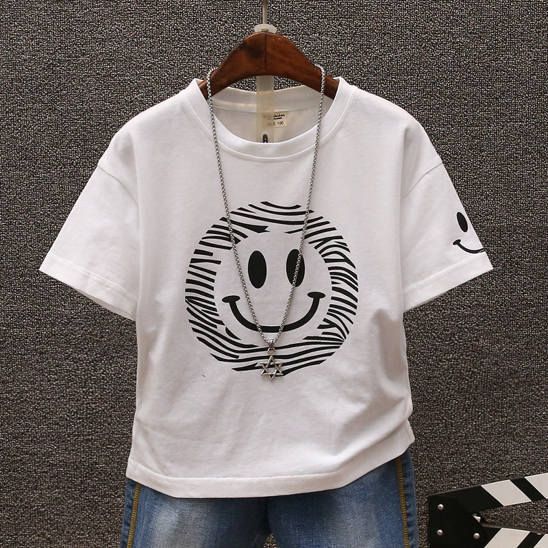 Boys' cotton middle-aged children's summer clothes children's short-sleeved t-shirts 2022 summer new printed smiley half-sleeve tops Tide