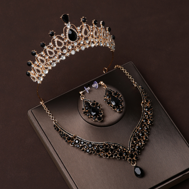 Black Crown Necklace and Earrings Three-Piece Set, High-End and Elegant Birthday Queen Crown, Bridal Headpiece, Evening Dress Accessories