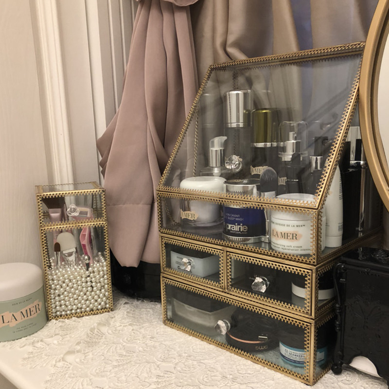European luxury glass cosmetics storage box dressing desktop lipstick skin care products high-end dustproof jewelry rack