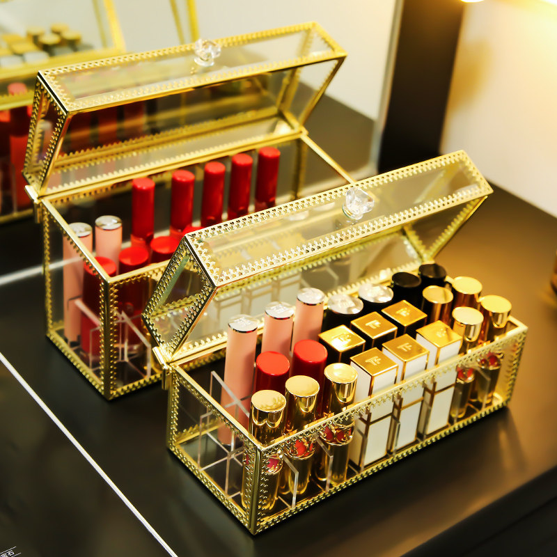 Net red glass desktop cosmetic lipstick storage box shelf dust-proof flip transparent lip glaze lipstick finishing box