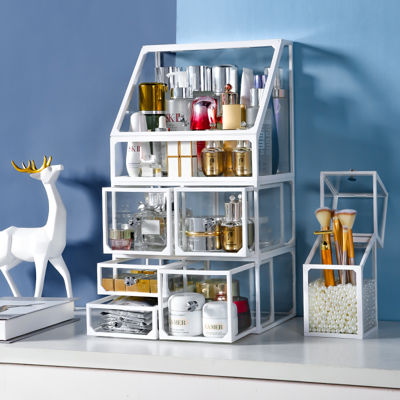 Desktop Drawer Mesh Red Glass Cosmetics Containing Box Anti-Dust Color Makeup Finishing Makeup Desk Skin Care Products Brush Shelve