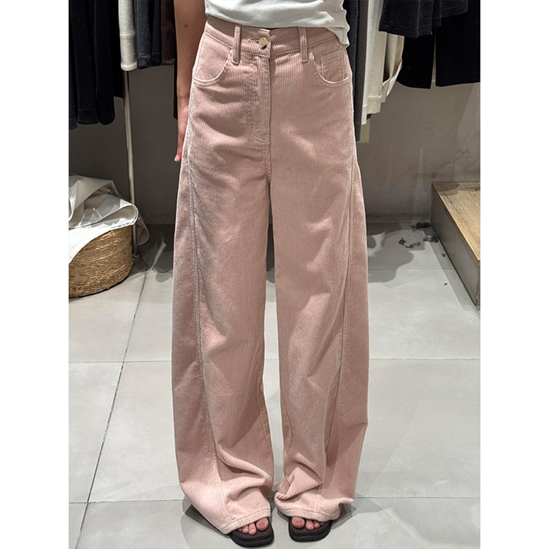 [Ready Stock] Pink Corduroy Wide-Leg Pants for Women ◆ 2025 Autumn and Winter New High-Waisted Slimming Straight-Leg Pants