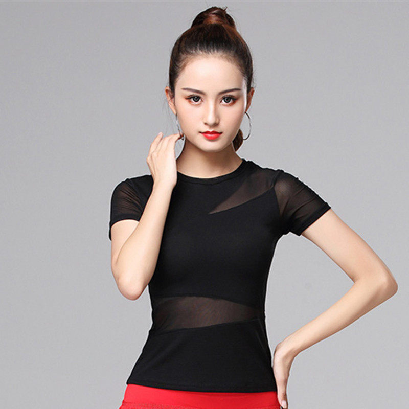 Dancer round neckline with Moden dance mesh yarn splicing Latin dance short sleeve blouses for body dancing women's national standard new