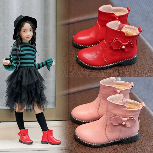 Martens, зимние ботинки, флисовые детские короткие сапоги для принцессы, коллекция 2023, в корейском стиле, из натуральной кожи