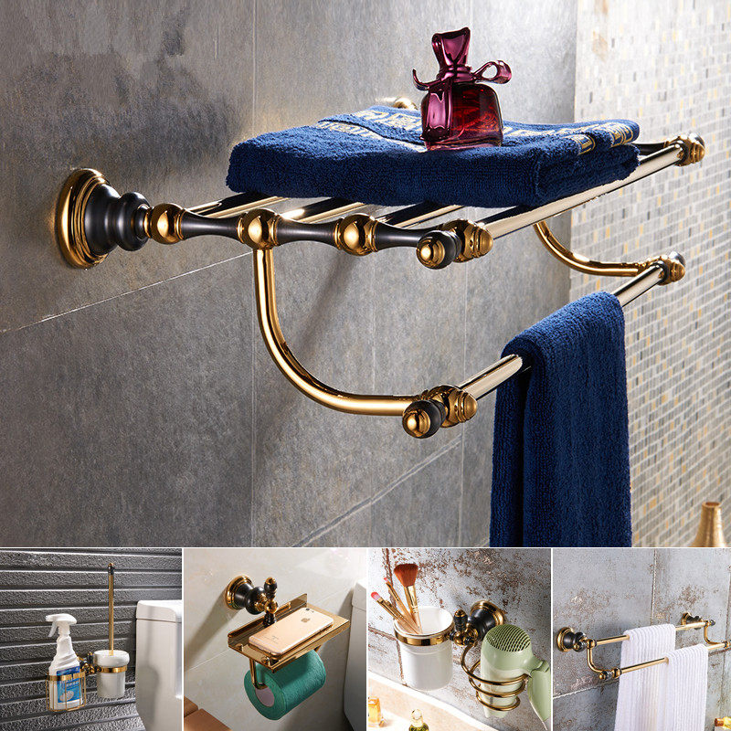 New Eurostyle Full Copper Black Gold Wool Towel Rack Makeup Room Gold Shelve Bathroom Bathroom Hardware Pendant Suit
