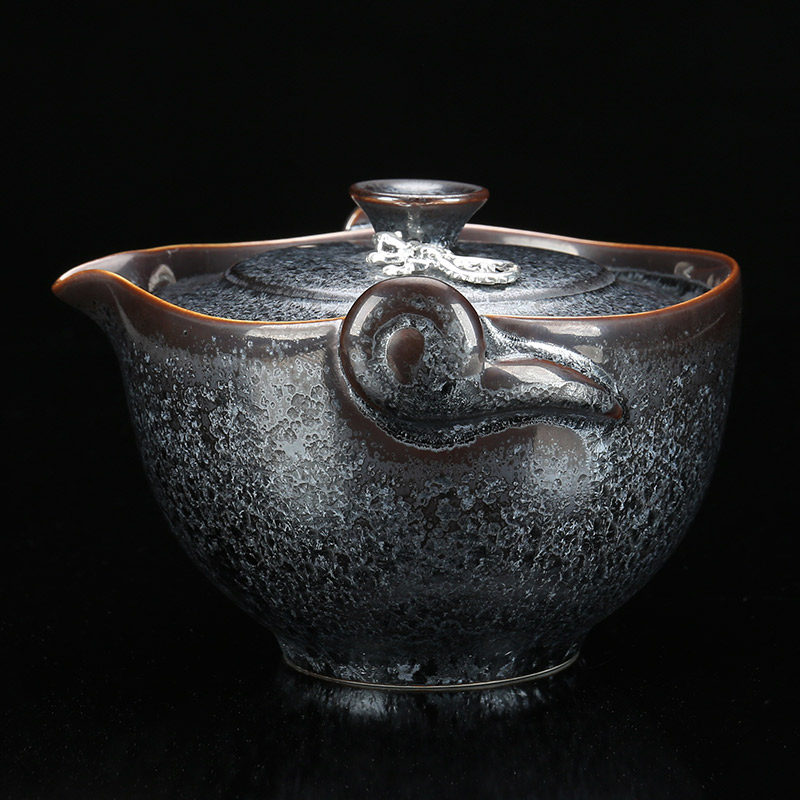 Jiazhan Kiln Li Jiazhan Tianmu Porcelain Ceramic Handmade Sterling Silver Inlaid Jianzhan Teapot Hand Grabbed Ceramic Covered Bowl