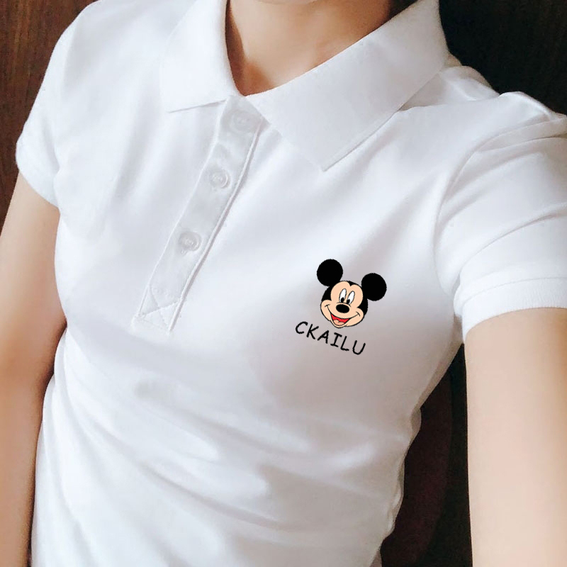 Summer Collared T-Shirt for Women, Pure Cotton Polo Shirt with Mickey Design, Short-Sleeved, Collared Half-Sleeve Top for Women, White Trendy Style